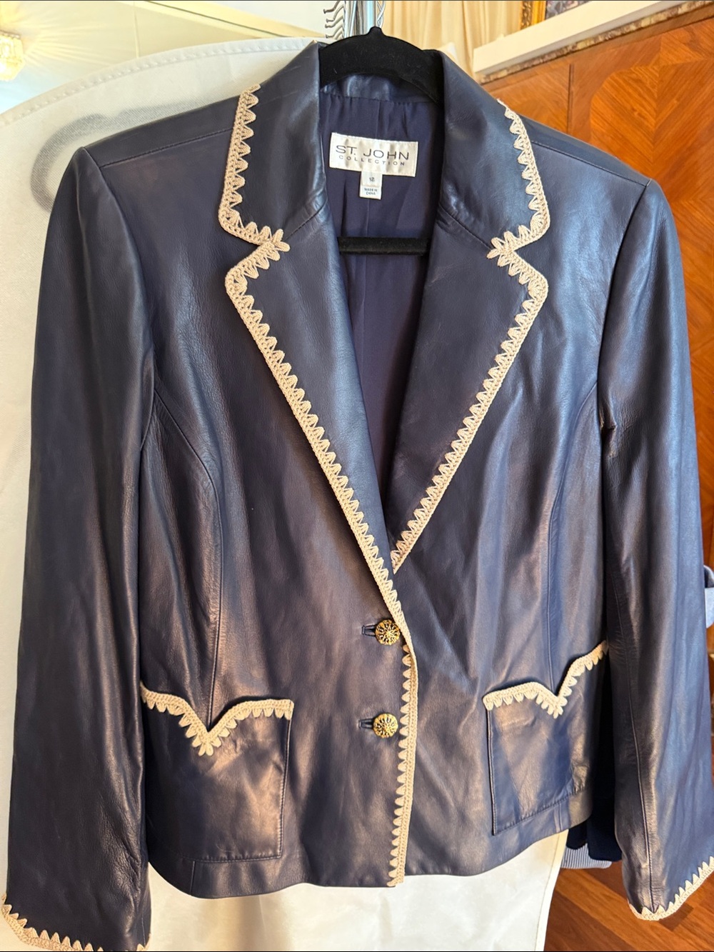 St. John Navy Leather Blazer with Cream Trim